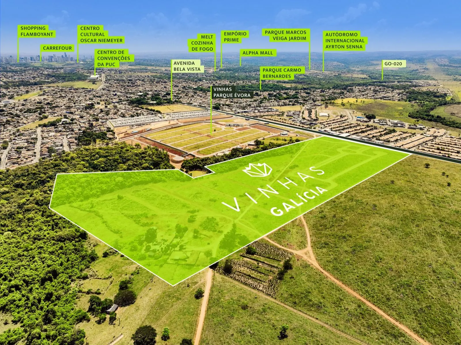 Imagem aérea oficial da EBM com o terreno do Vinhas Galícia e os pontos de referência da região